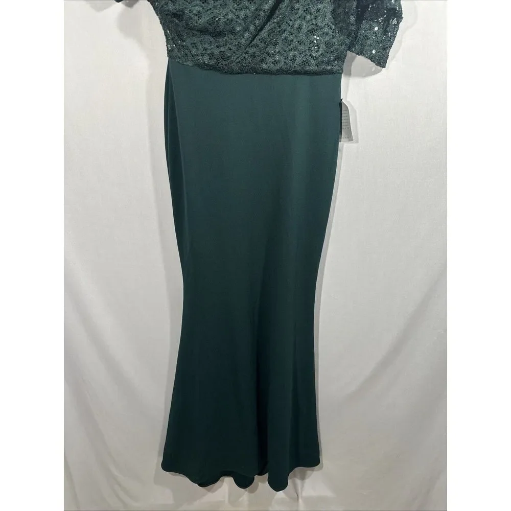 NWT $269 Betsy & Adam [ 8 ] One-Shoulder Sequin Lace Mixed Media Gown Pine Green